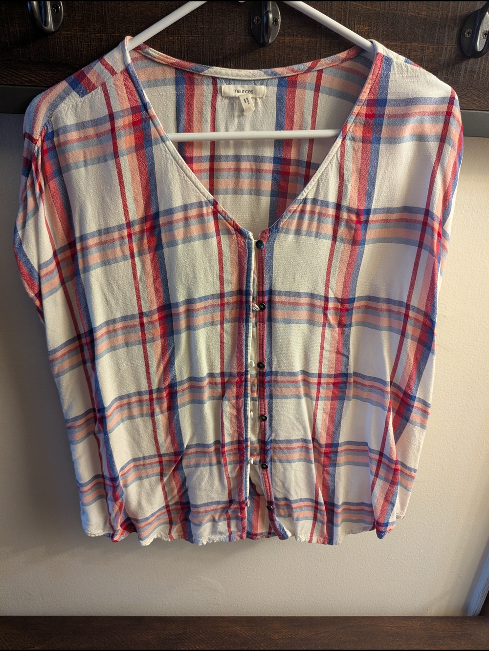 Maurices White Button-Down Plaid Blouse with Red and Blue Stripes Womens Large